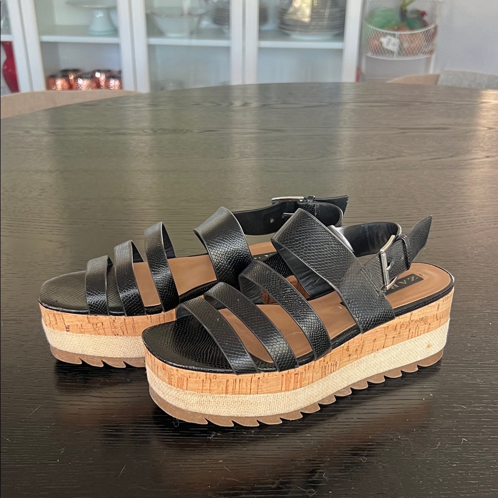 Zara Trafaluc Black snakeskin Platform Strappy Sandals with Cork Platform.